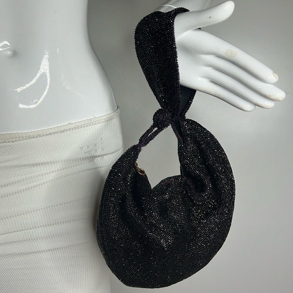 Vintage Black Glass Beaded Zip Wristlet Hobo Half Moon Bag